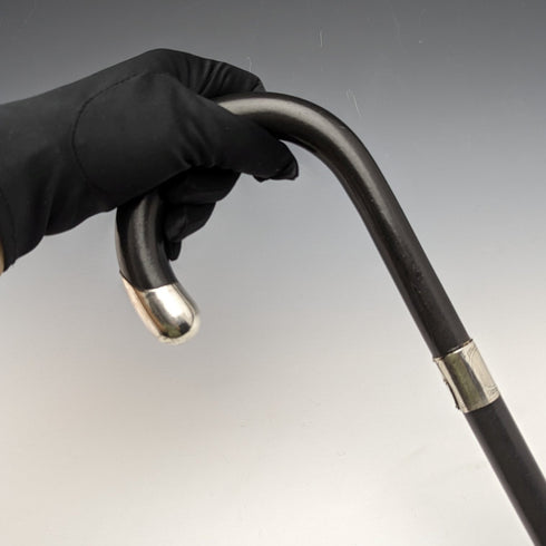 1930 British Vintage Men's Cane, Black Shaft, Sterling Silver Decorated Curved Handle, 92cm
